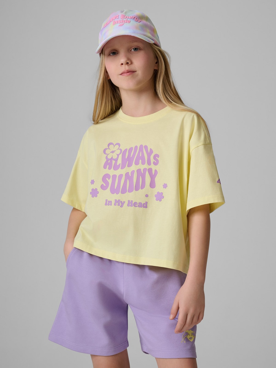Dziewczęcy t-shirt z nadrukiem 4F 4FJRSS26TTSHF3908 - żółty