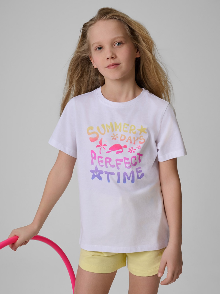 Dziewczęcy t-shirt z nadrukiem 4F 4FJRSS26TTSHF3913 - biały