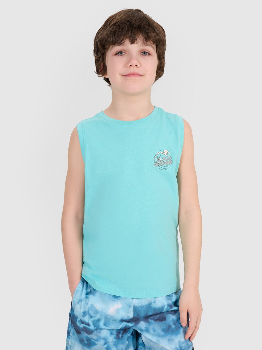 Chłopięcy top z nadrukiem 4F 4FJWSS25TSLEM162 - turkusowy