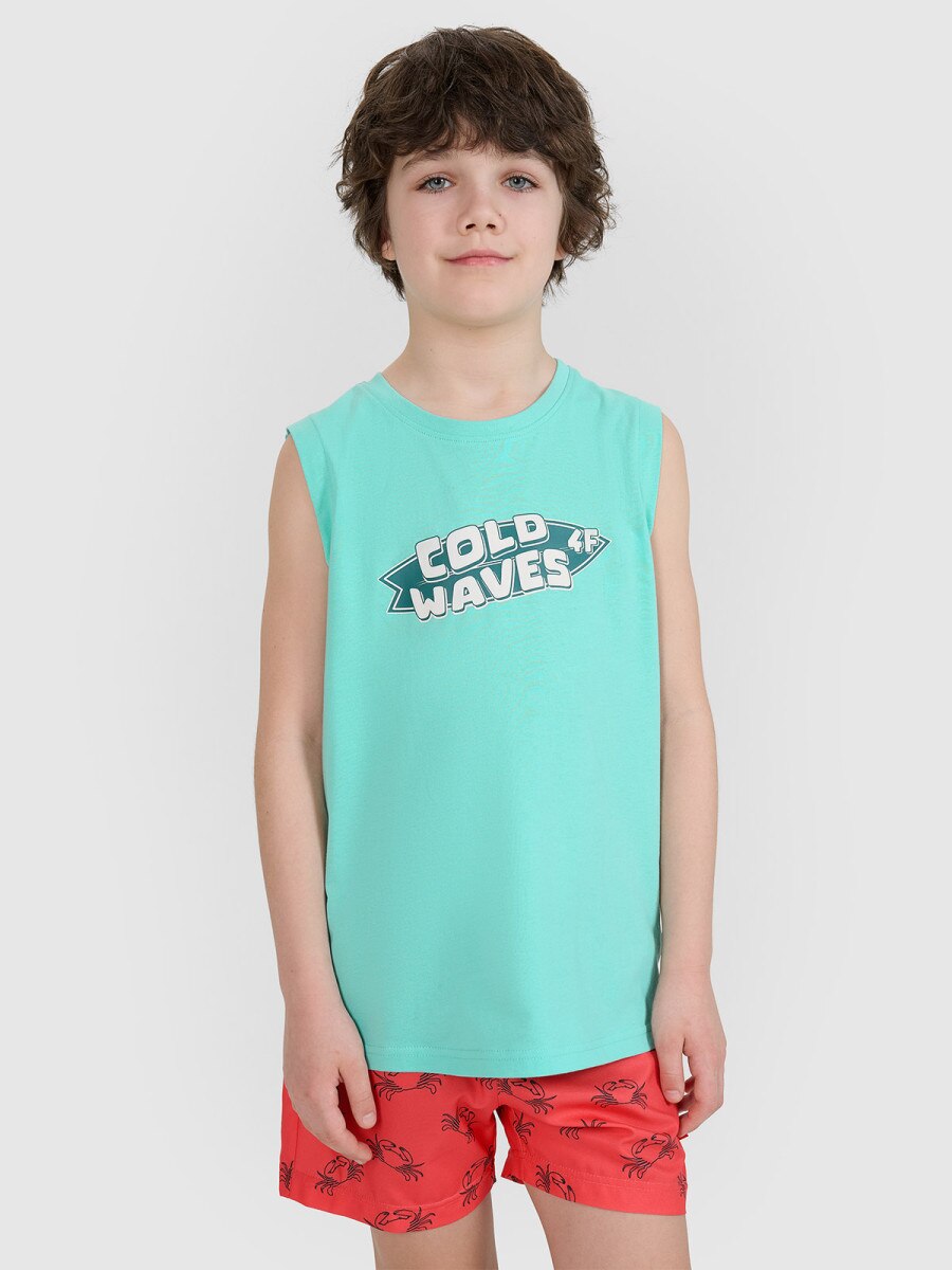 Chłopięcy top z nadrukiem 4F 4FJWSS25TSLEM164 - turkusowy