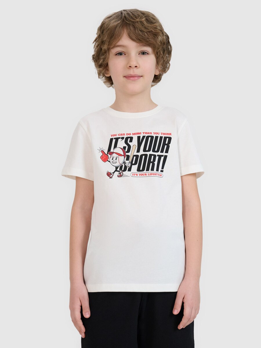 Chłopięcy t-shirt z nadrukiem 4F 4FJRSS25TTSHM2568 - biały