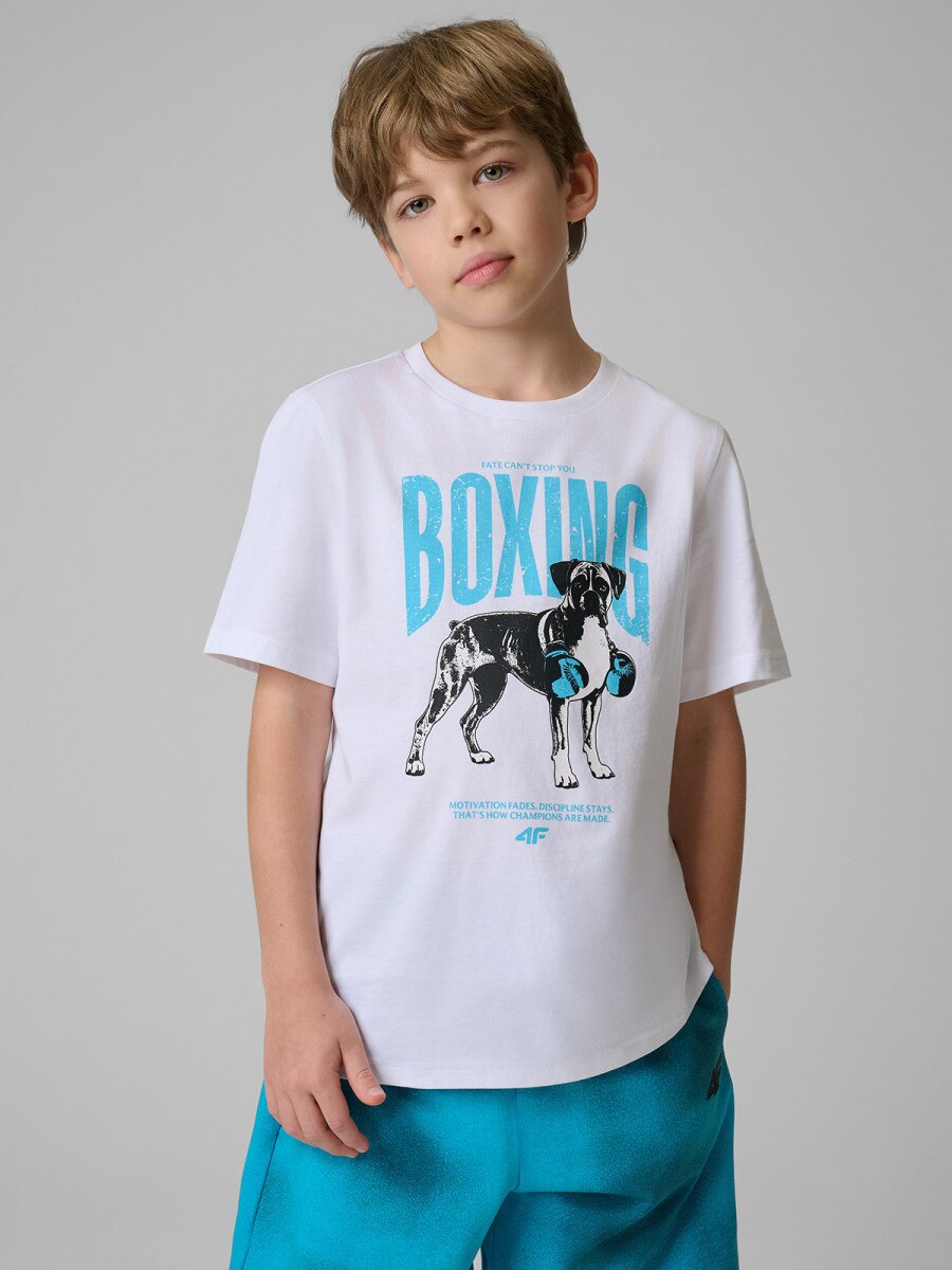 Chłopięcy t-shirt z nadrukiem 4F 4FJRSS26TTSHM3830 - biały