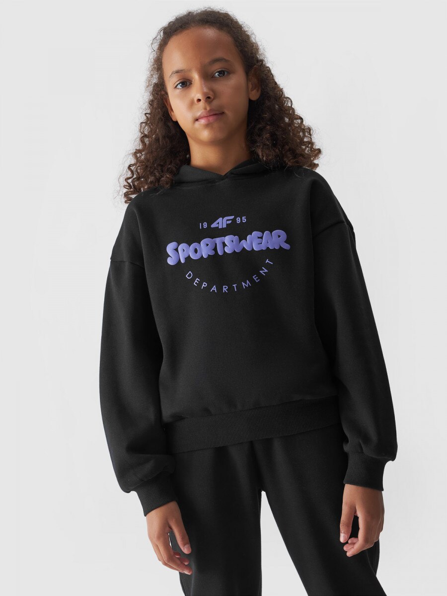 Dziewczęca bluza dresowa nierozpinana z kapturem 4F 4FJWAW24TSWSF1213 - czarna