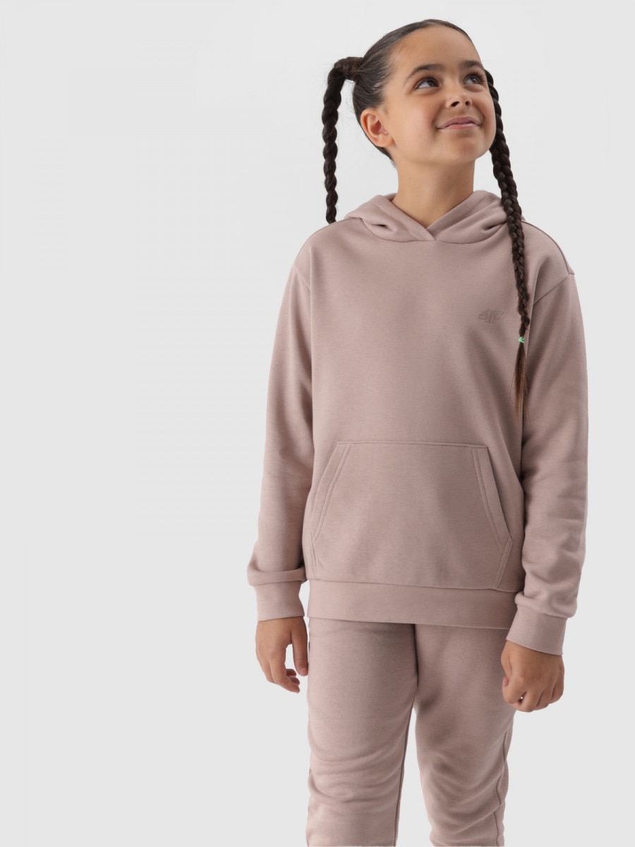 Dziewczęca bluza dresowa nierozpinana z kapturem 4F 4FJWMM00TSWSF1316 - beżowa