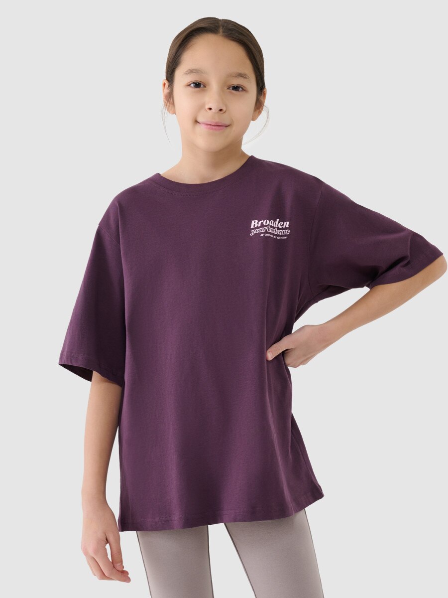 Dziewczęcy t-shirt oversize z nadrukiem 4F 4FJRSS25TTSHF2586 - fioletowy
