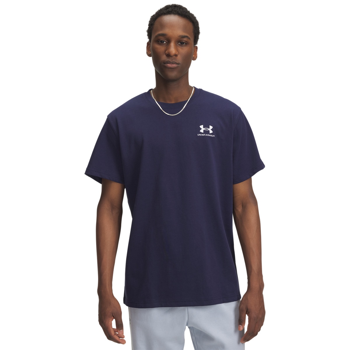 Męski t-shirt z nadrukiem Under Armour UA Logo Emb Heavyweight SS - granatowy