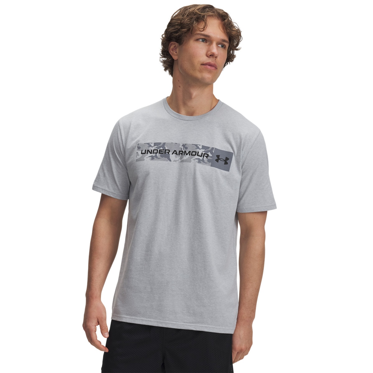 Męski t-shirt z nadrukiem Under Armour UA Camo Chest Stripe SS - szary