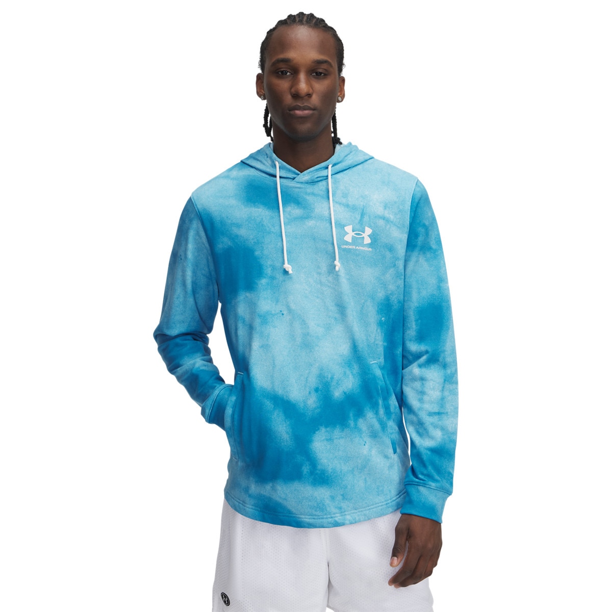 Męska bluza dresowa nierozpinana z kapturem Under Armour UA Rival Terry AOP Hood Q1 - niebieska