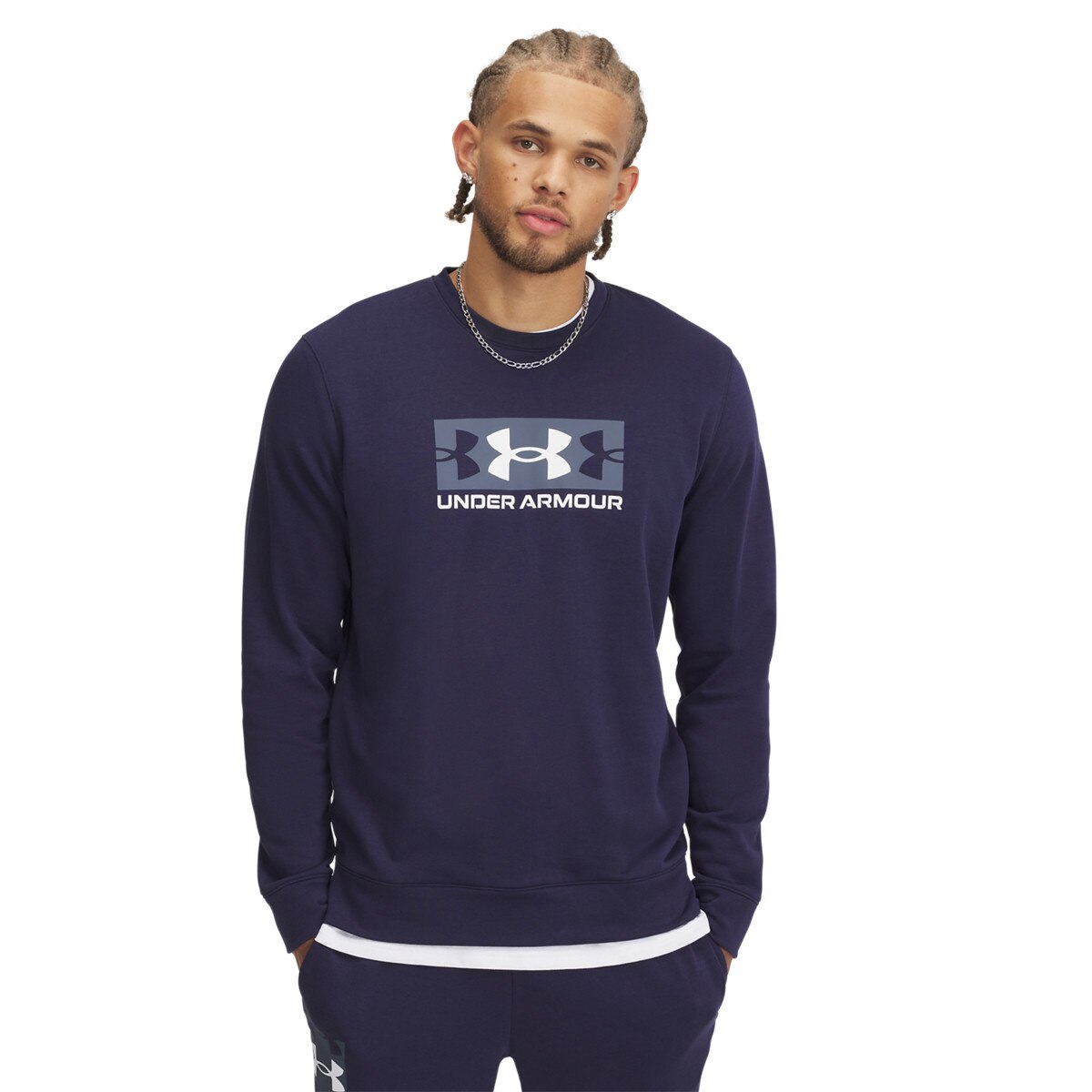Męska bluza dresowa nierozpinana bez kaptura Under Armour UA Rival Terry Logo Crew - granatowa