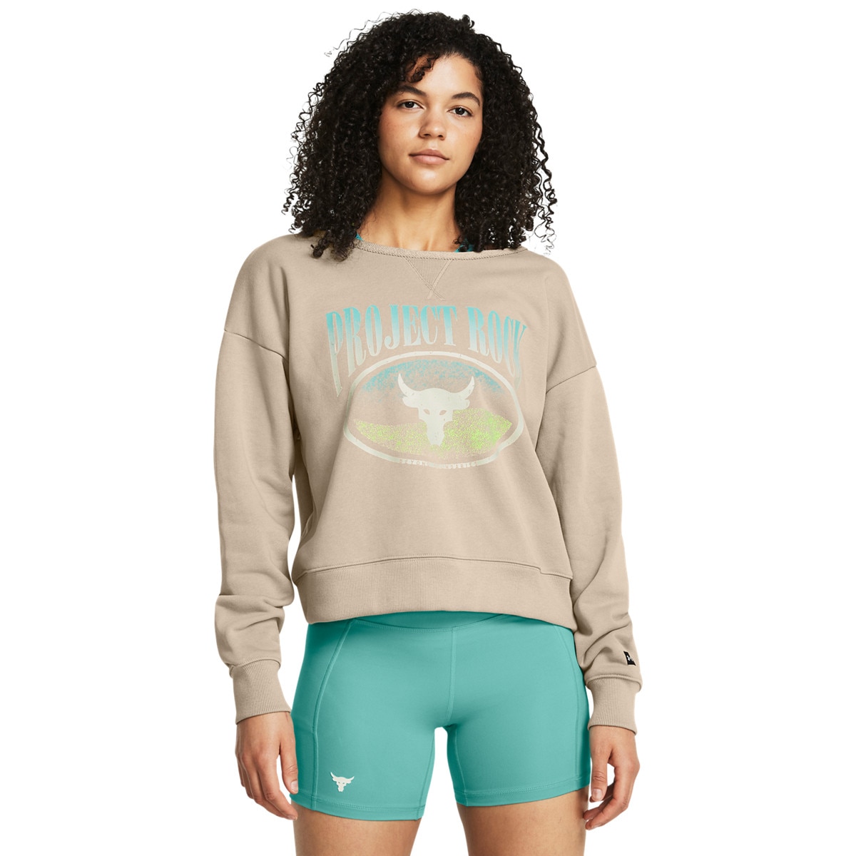 Damska bluza treningowa nierozpinana bez kaptura Under Armour Project Rock HW Terry LS Q1 - beżowa