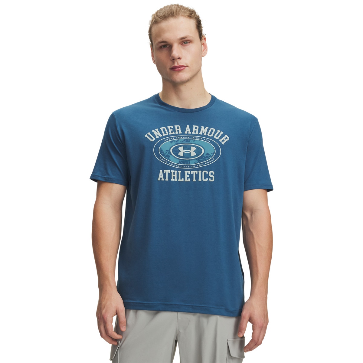 Męski t-shirt z nadrukiem Under Armour UA Armor Globe SS - niebieski