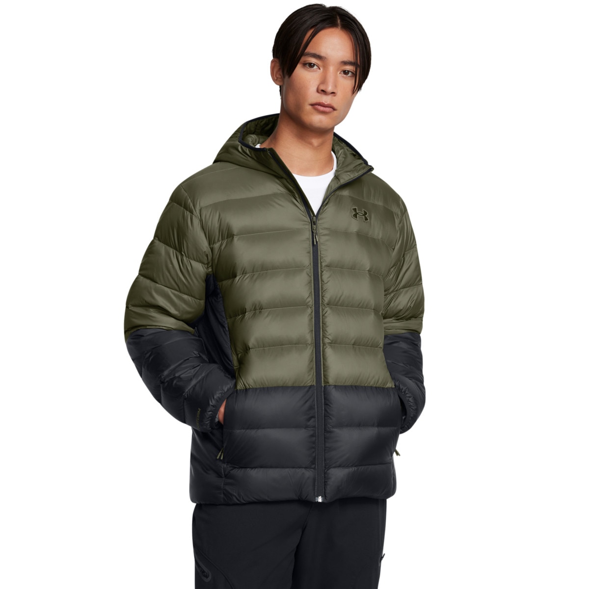 Męska kurtka z puchem naturalnym Under Armour Legend Down Hooded Jacket - oliwkowa/khaki