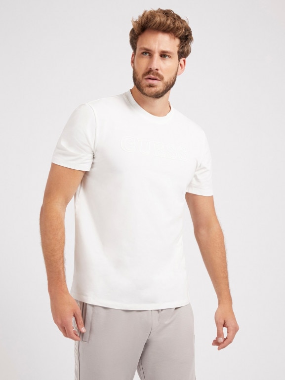 Męski t-shirt z nadrukiem GUESS SS ALPHY - biały