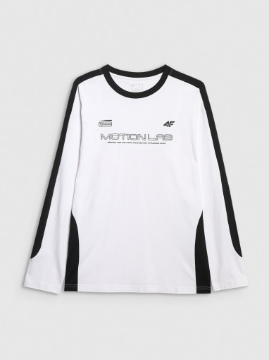  4F Męski longsleeve oversize z nadrukiem 4F 4FRAW25TLONM653  biały Biały