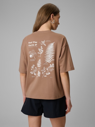 Damski t-shirt z nadrukiem 4F 4FRSS26TTSHF3704 - beżowy