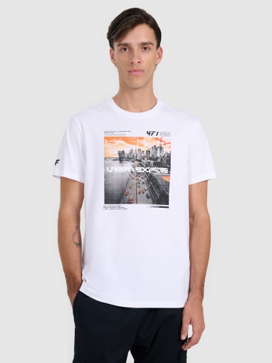 4F Męski tshirt z nadrukiem 4F 4FWAW25TTSHM3124 biały Biały
