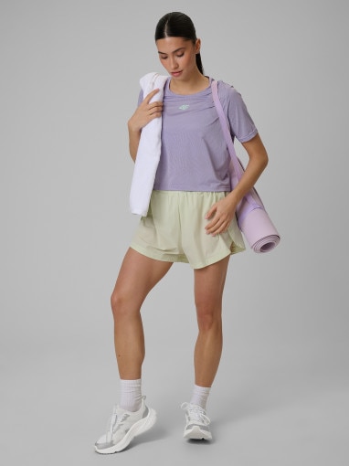 Damski crop top treningowy 4F 4FWSS26TFTSF1806 - fioletowy
