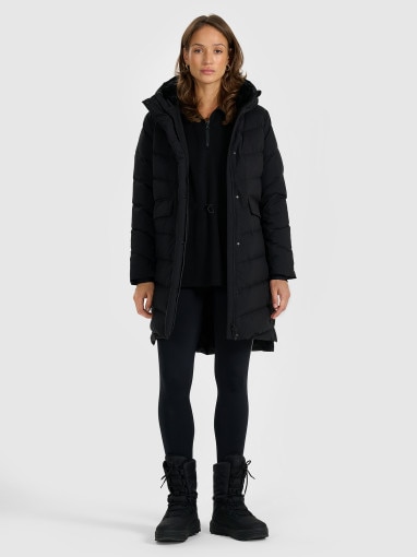 Damski płaszcz puchowy z naturalnym wypełnieniem 4F 4FRAW25TDJAF0812 - czarny