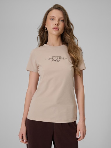  4F Damski tshirt z nadrukiem 4F 4FWSS26TTSHF2742  beżowy Beżowy