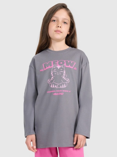  4F JUNIOR Dziewczęcy longsleeve z nadrukiem 4F 4FJRAW25TLONF591  szary Szary
