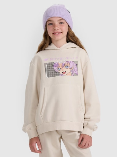  4F JUNIOR Dziewczęca bluza nierozpinana z kapturem 4F 4FJRAW25TSWSF2294  biała Biały