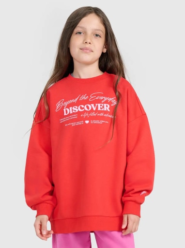  4F JUNIOR Dziewczęca bluza nierozpinana bez kaptura 4F 4FJRAW25TSWSF2428  czerwona Czerwony