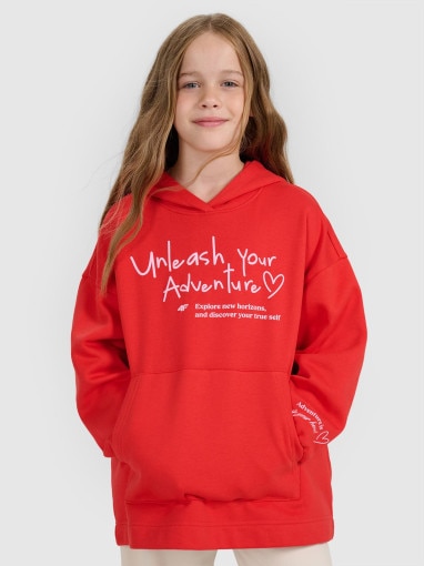  4F JUNIOR Dziewczęca bluza nierozpinana z kapturem 4F 4FJRAW25TSWSF2429  czerwona Czerwony