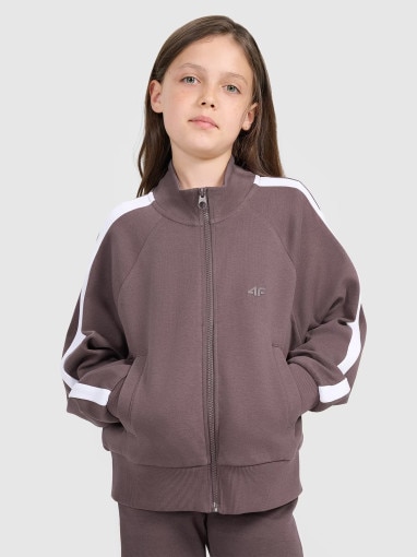  4F JUNIOR Dziewczęca bluza rozpinana bez kaptura 4F 4FJRAW25TSWSF2430  brązowa Brązowy