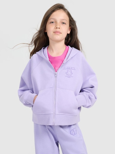  4F JUNIOR Dziewczęca bluza rozpinana z kapturem 4F 4FJRAW25TSWSF2440  fioletowa Fioletowy