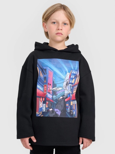  4F JUNIOR Chłopięca bluza nierozpinana z kapturem 4F 4FJRAW25TSWSM2345  czarna Czarny