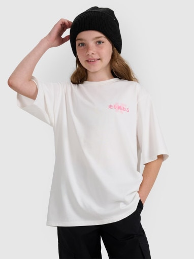  4F JUNIOR Dziewczęcy tshirt oversize z nadrukiem 4F 4FJRAW25TTSHF2935  biały Biały