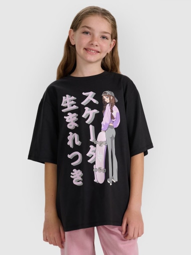  4F JUNIOR Dziewczęcy tshirt oversize z nadrukiem 4F 4FJRAW25TTSHF2936  czarny Czarny