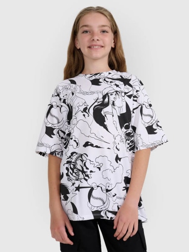  4F JUNIOR Dziewczęcy tshirt oversize z nadrukiem 4F 4FJRAW25TTSHF3069  biały Biały