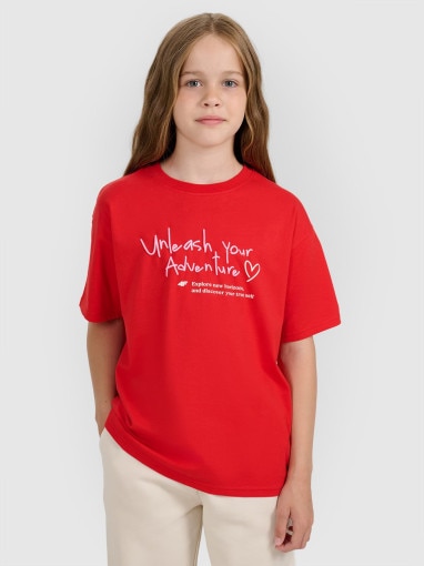  4F JUNIOR Dziewczęcy tshirt z nadrukiem 4F 4FJRAW25TTSHF3188  czerwony Czerwony