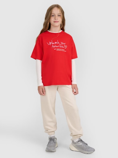 Dziewczęcy t-shirt z nadrukiem 4F 4FJRAW25TTSHF3188 - czerwony