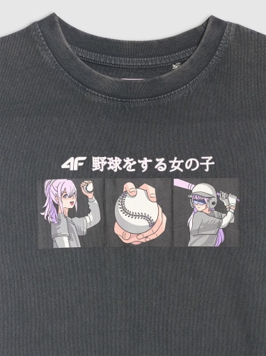 Dziewczęcy t-shirt z nadrukiem 4F 4FJRAW25TTSHF3291 - szary