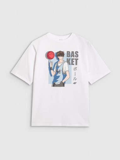 4F JUNIOR Chłopięcy tshirt oversize z nadrukiem 4F 4FJRAW25TTSHM3062  biały Biały
