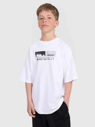  4F JUNIOR Chłopięcy tshirt oversize z nadrukiem 4F 4FJRAW25TTSHM3065  biały Biały
