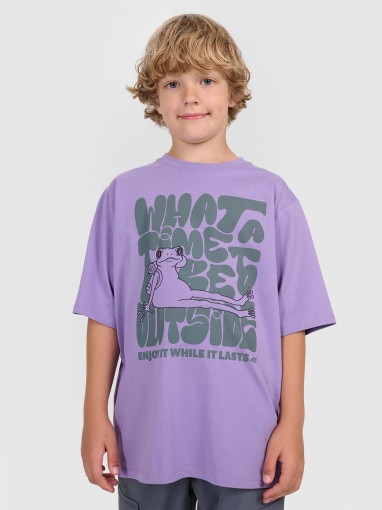  4F JUNIOR Chłopięcy tshirt oversize z nadrukiem 4F 4FJRAW25TTSHM3207  fioletowy Fioletowy
