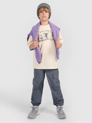 Chłopięcy t-shirt oversize z nadrukiem 4F 4FJRAW25TTSHM3208 - beżowy