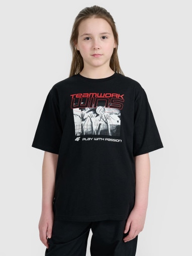 Dziecięca koszulka z nadrukiem 4F 4FJRSS25TTSHU3297 - czarna