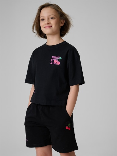  4F JUNIOR Dziewczęcy tshirt z nadrukiem 4F 4FJRSS26TTSHF3827  czarny Czarny