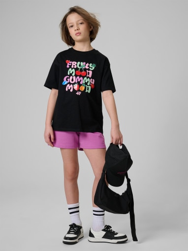 Dziewczęcy t-shirt z nadrukiem 4F 4FJRSS26TTSHF3828 - czarny