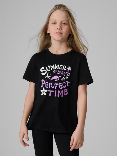  4F JUNIOR Dziewczęcy tshirt z nadrukiem 4F 4FJRSS26TTSHF3913  czarny Czarny