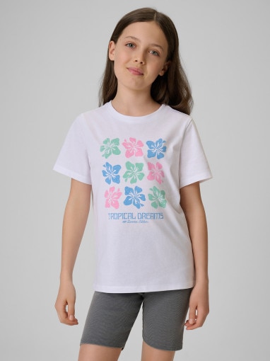  4F JUNIOR Dziewczęcy tshirt z nadrukiem 4F 4FJRSS26TTSHF3982  biały Biały