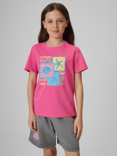  4F JUNIOR Dziewczęcy tshirt z nadrukiem 4F 4FJRSS26TTSHF4418  różowy Różowy