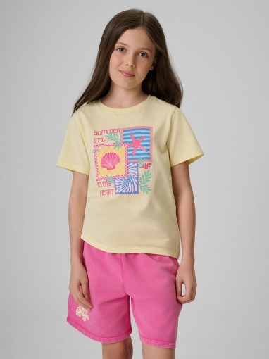 4F JUNIOR Dziewczęcy tshirt z nadrukiem 4F 4FJRSS26TTSHF4418  żółty żółty