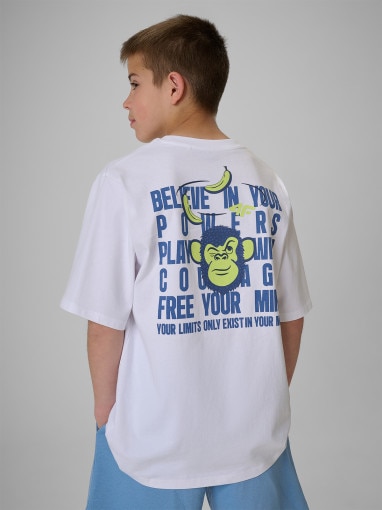  4F JUNIOR Chłopięcy tshirt z nadrukiem 4F 4FJRSS26TTSHM4276  biały Biały