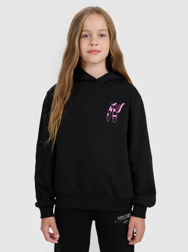  4F JUNIOR Dziewczęca bluza nierozpinana z kapturem 4F 4FJWAW25TSWSF2147  czarna Czarny