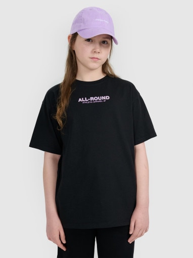  4F JUNIOR Dziewczęcy tshirt z nadrukiem oversize 4F 4FJWAW25TTSHF2387  czarny Czarny